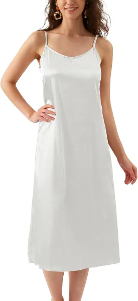 Xintianji Women's Basic Satin Silky Full Slip Midi Loose Dress with V-Neck Sexy Cami Adjustable Strap Wear Nightgown Dresses