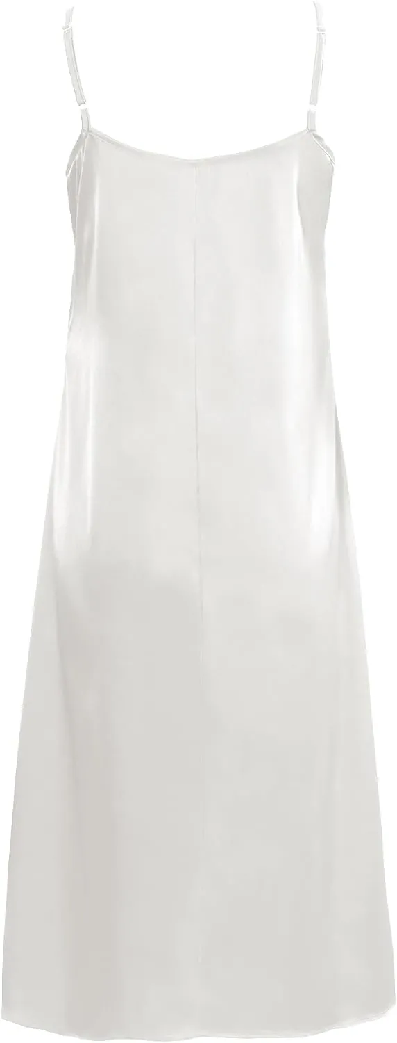 Xintianji Women's Basic Satin Silky Full Slip Midi Loose Dress with V-Neck Sexy Cami Adjustable Strap Wear Nightgown Dresses