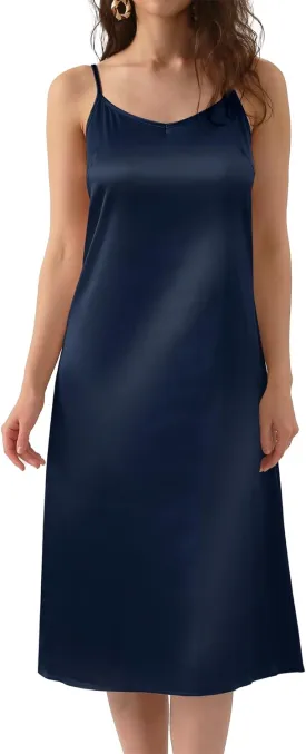 Xintianji Women's Basic Satin Silky Full Slip Midi Loose Dress with V-Neck Sexy Cami Adjustable Strap Wear Nightgown Dresses