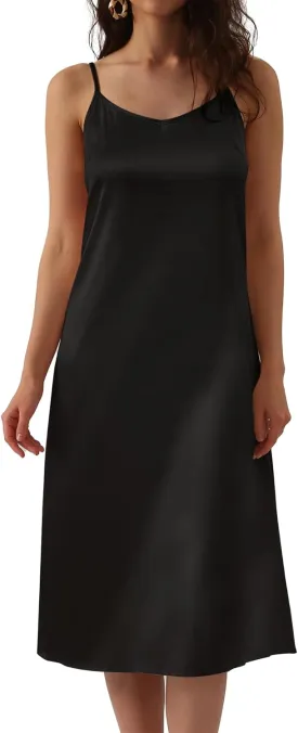 Xintianji Women's Basic Satin Silky Full Slip Midi Loose Dress with V-Neck Sexy Cami Adjustable Strap Wear Nightgown Dresses