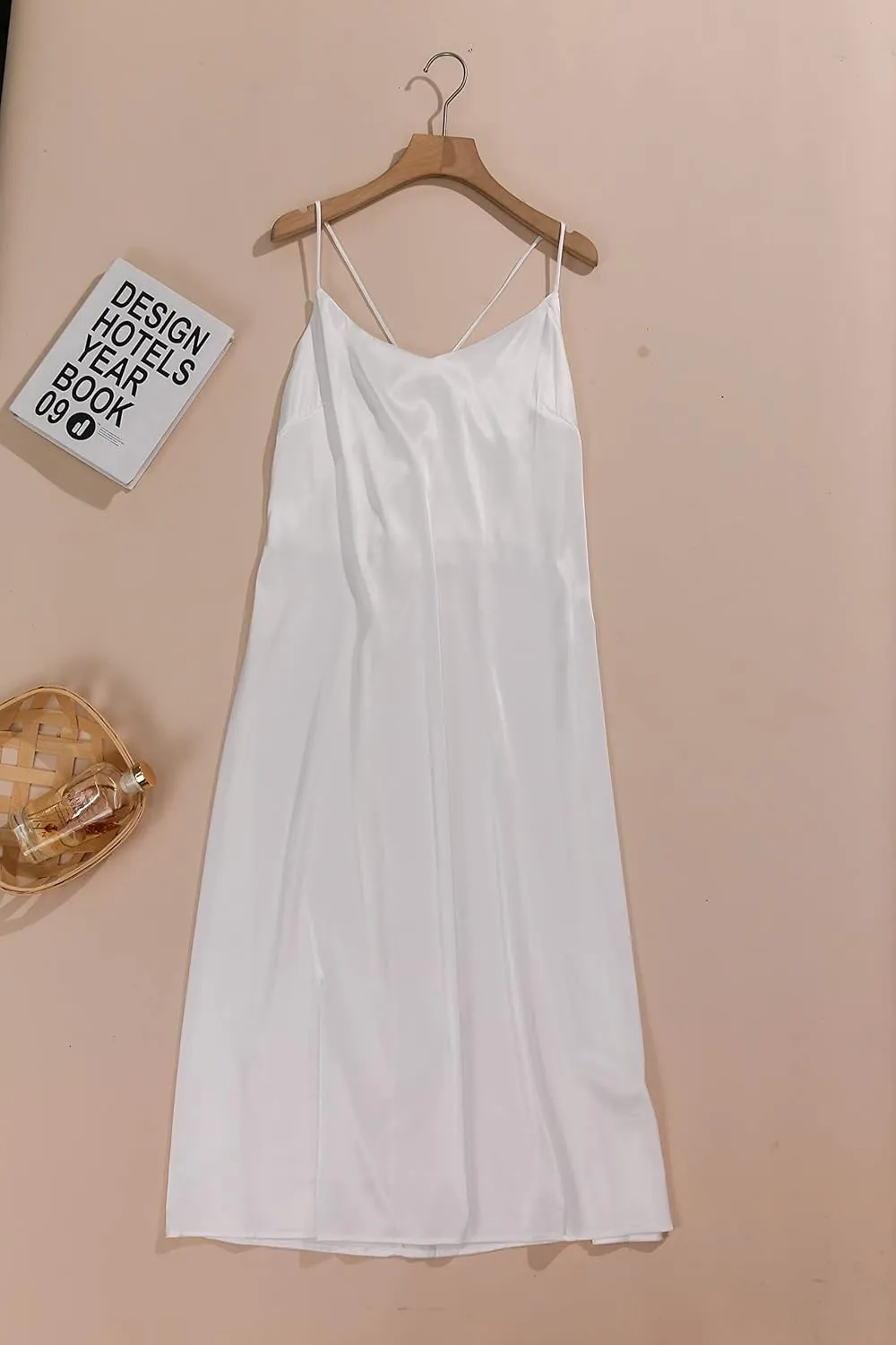 Xintianji Women's Basic Satin Silky Full Slip Midi Loose Dress with V-Neck Sexy Cami Adjustable Strap Wear Nightgown Dresses