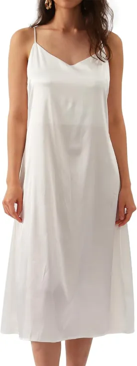 Xintianji Women's Basic Satin Silky Full Slip Midi Loose Dress with V-Neck Sexy Cami Adjustable Strap Wear Nightgown Dresses
