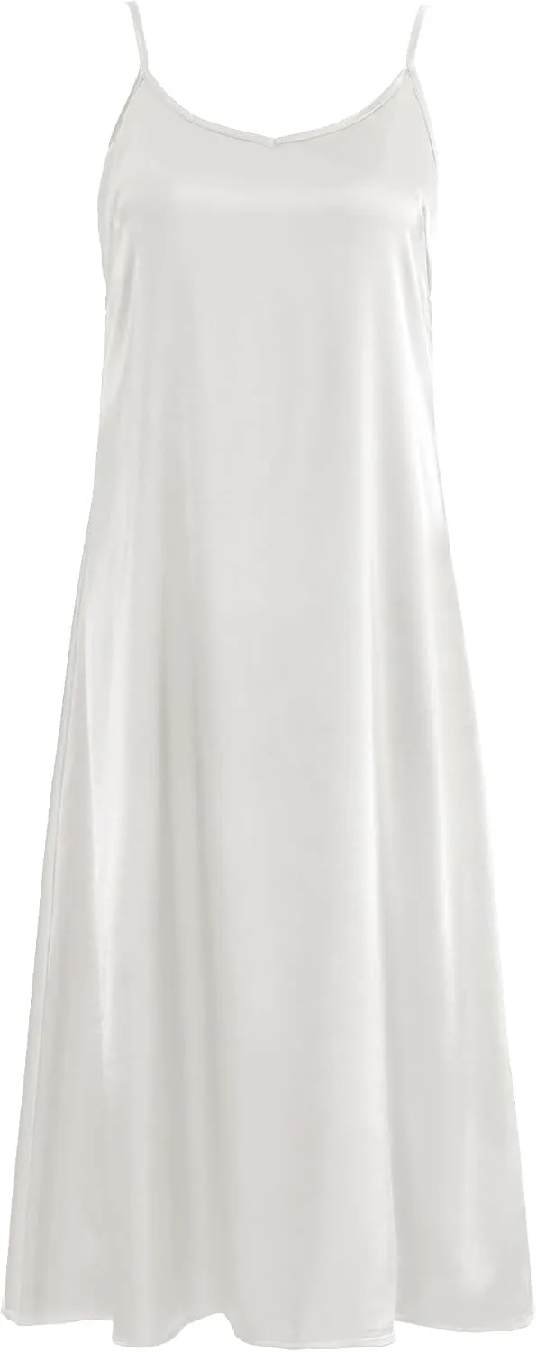 Xintianji Women's Basic Satin Silky Full Slip Midi Loose Dress with V-Neck Sexy Cami Adjustable Strap Wear Nightgown Dresses