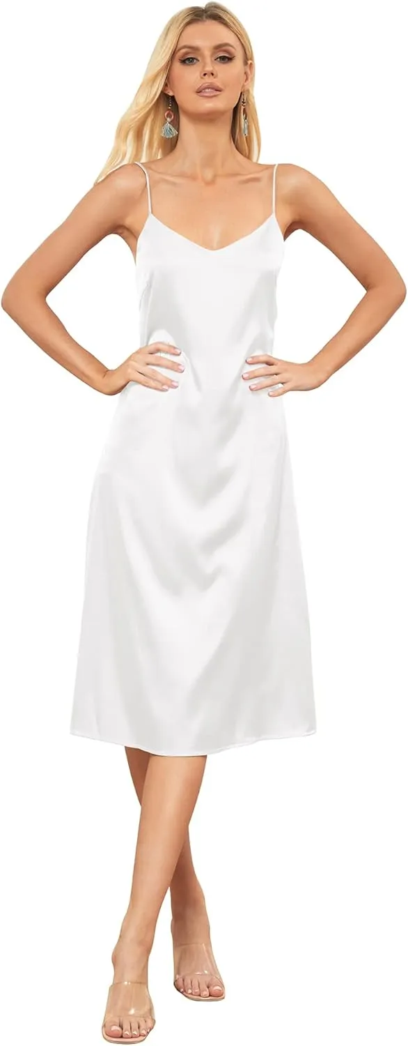 Xintianji Women's Basic Satin Silky Full Slip Midi Loose Dress with V-Neck Sexy Cami Adjustable Strap Wear Nightgown Dresses