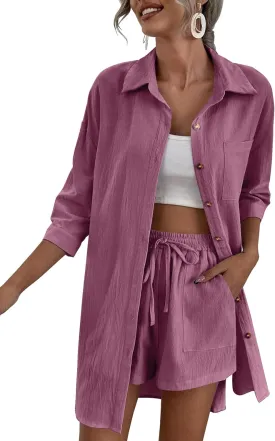 Zeagoo Womens 2 Piece Lounge Tracksuit Outfit Sets Cotton Linen High Low Shirt and Drawstring Casual Shorts Set