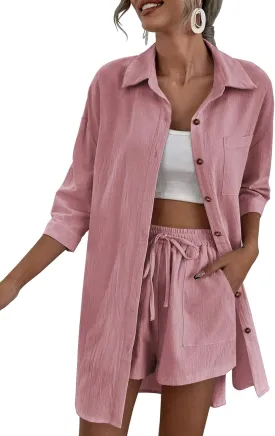 Zeagoo Womens 2 Piece Lounge Tracksuit Outfit Sets Cotton Linen High Low Shirt and Drawstring Casual Shorts Set