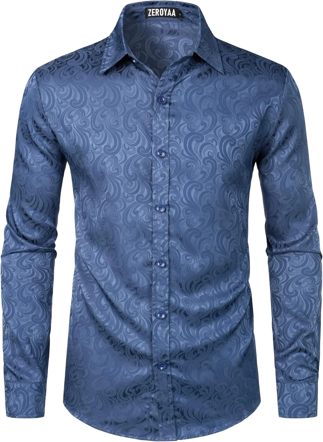 ZEROYAA Men's Hipster Jacquard Long Sleeve Satin Silk Like Button Up Dress Shirts for Party Prom