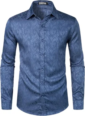 ZEROYAA Men's Hipster Jacquard Long Sleeve Satin Silk Like Button Up Dress Shirts for Party Prom