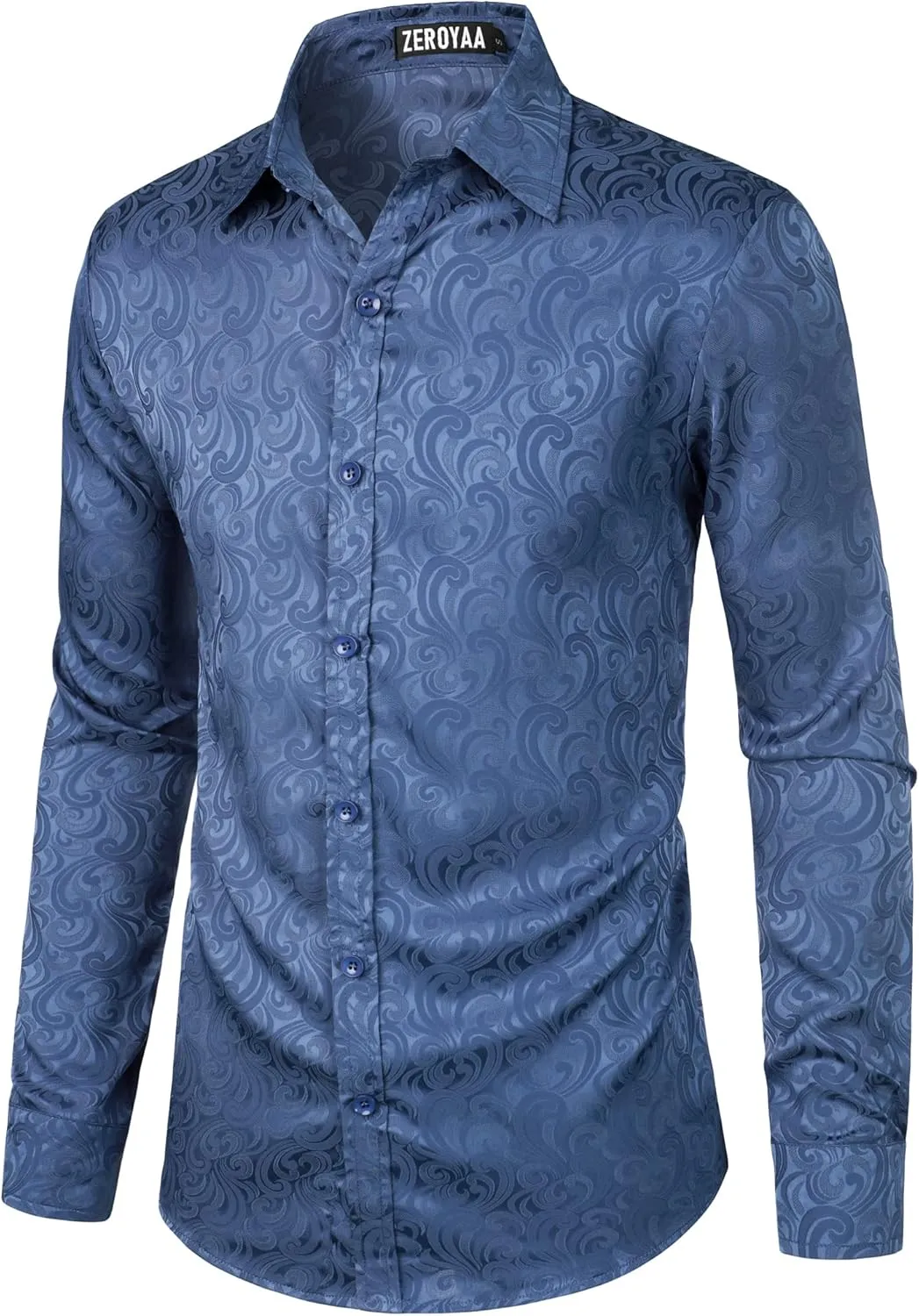 ZEROYAA Men's Hipster Jacquard Long Sleeve Satin Silk Like Button Up Dress Shirts for Party Prom