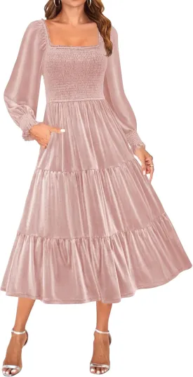 ZESICA Womens Velvet Long Sleeve Dresses 2025 Spring Square Neck Smocked Ruffle A Line Flowy Midi Dress with Pockets