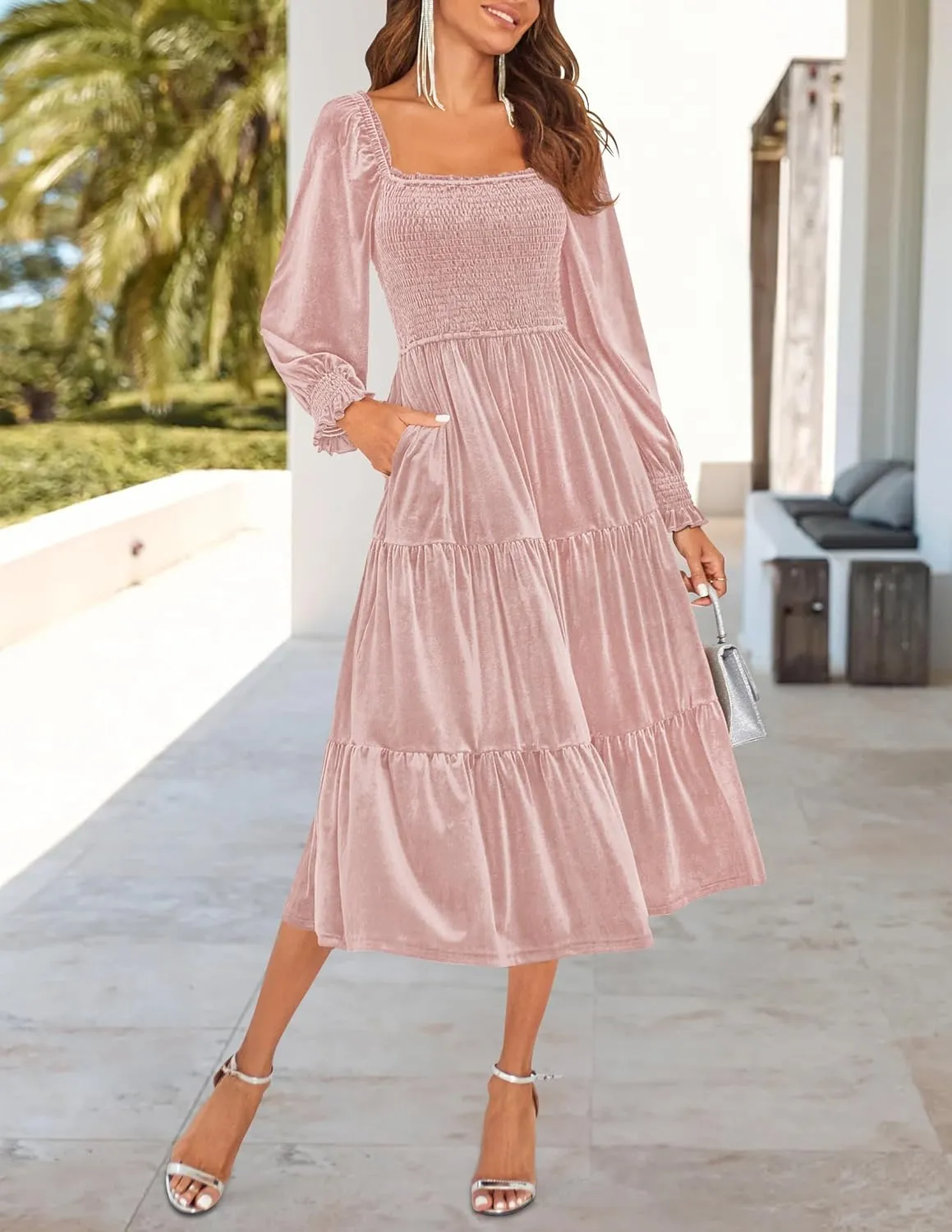 ZESICA Womens Velvet Long Sleeve Dresses 2025 Spring Square Neck Smocked Ruffle A Line Flowy Midi Dress with Pockets
