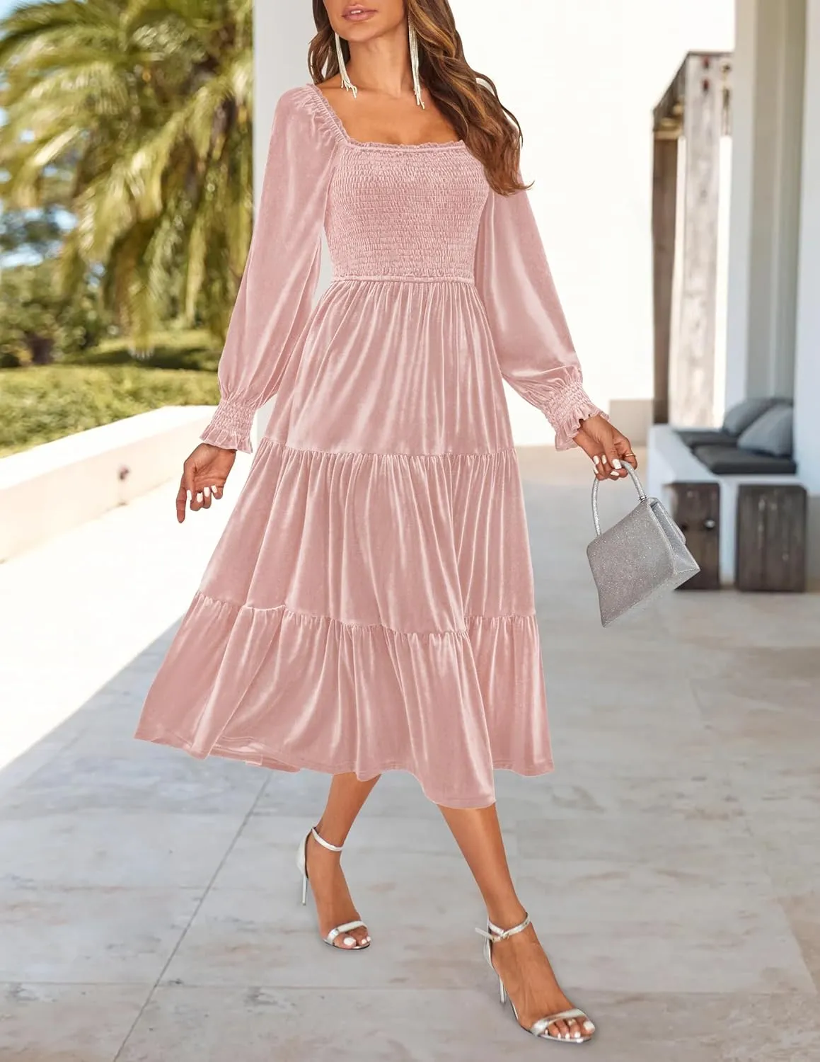ZESICA Womens Velvet Long Sleeve Dresses 2025 Spring Square Neck Smocked Ruffle A Line Flowy Midi Dress with Pockets